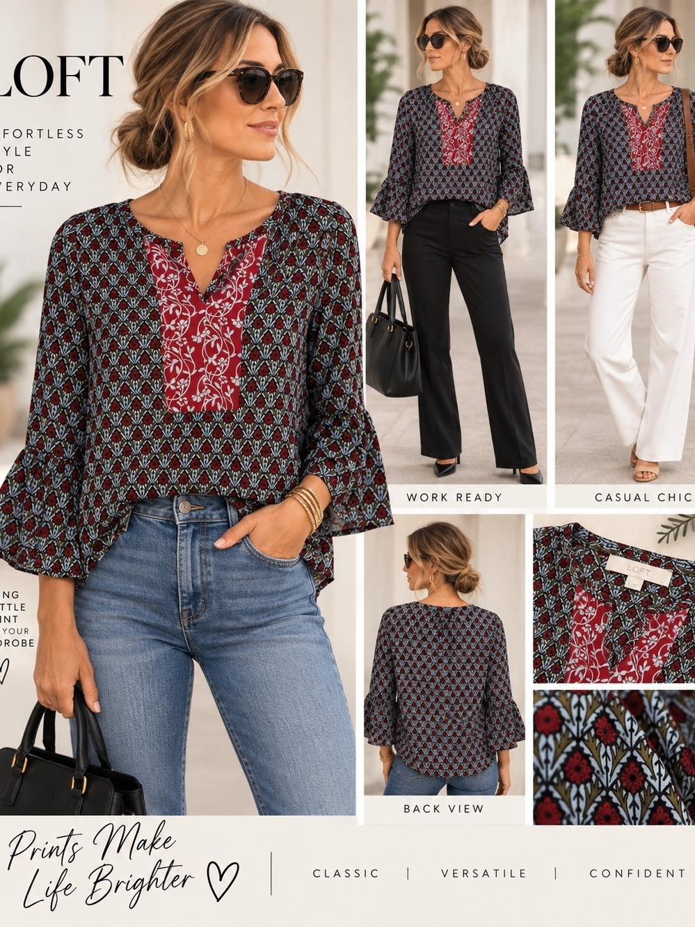 LOFT Mixed Print Bell Sleeve Blouse – Size L